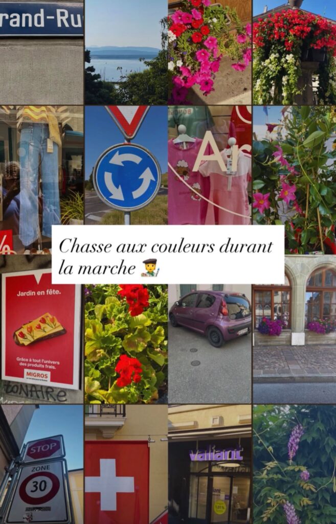 Mosaïque de photos colorées prises en ville, avec le titre « Chasse aux couleurs durant la marche ».