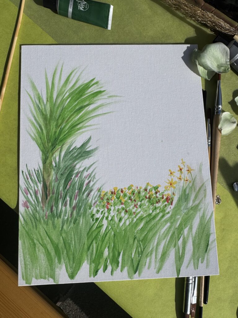 Toile terminée : un arbre, des herbes hautes et des fleurs.