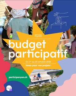 Affiche du budget participatif de la Ville de Nyon : votez pour vos projets, du 1er au 25 octobre 2026.