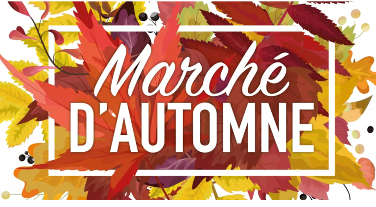 Bannière « Marché d’automne », entourée de feuilles aux couleurs de l’automne.